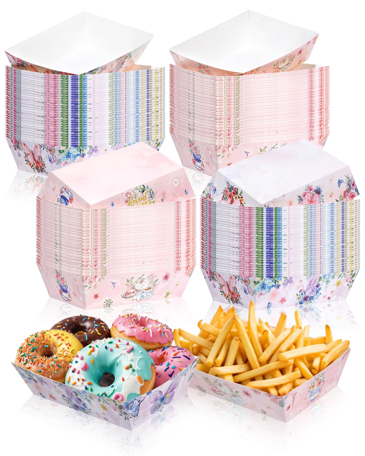 Liobelon 48 Pack Floral Tea Party Paper Food Boats, Elegant Nacho Boats Floral Food Serving Trays for Snacks, Desserts, Birthdays, Tea Parties