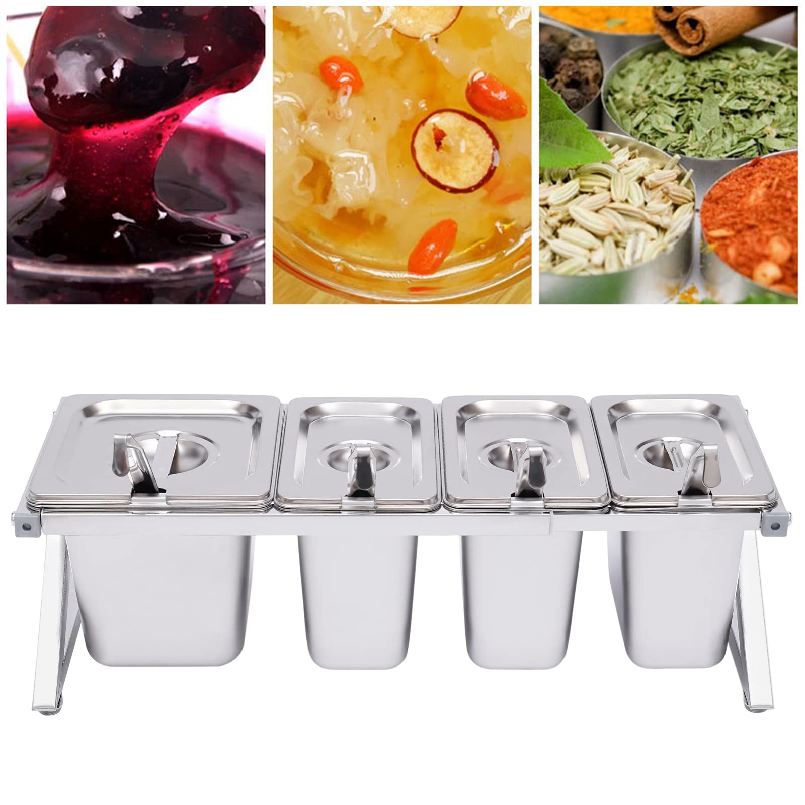Estante de especias expandible, acero inoxidable con tapa, pies antideslizantes, dispensador de especias de 3 1/9, sartén de 1 1/6, 4 cucharas medidoras para almacenamiento de cocina