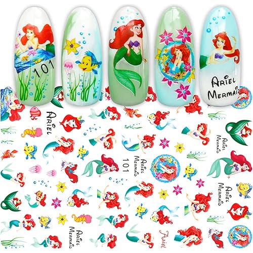Cute Mermaid Nail Stickers Kawaii Cartoon Nail Stikers Self-Adhesive Nail Decals for Women Girls Kids Nail Art Stickers (75+Decals)
