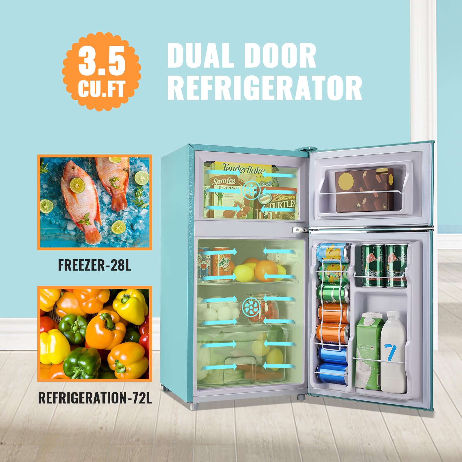 WANAI 3.5 Cu.Ft Small Refrigerator With Freezer Small Fridge With Handle Adjustable Temperature Built-In Light Ideal For Home, Office, Dorm on Fridge.com - View 2