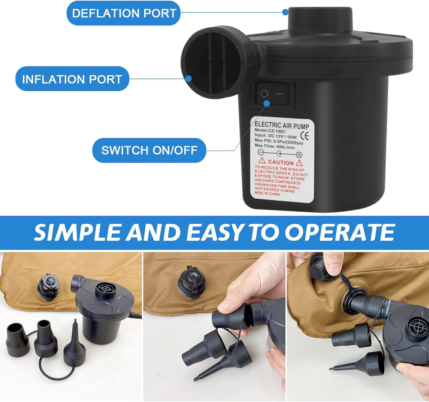 Pompa Elettrica Portatile Per Gonfiabili - 12V/230V Con 3 Ugelli Per Piscine, Materassi E Giocattoli - Foto 14