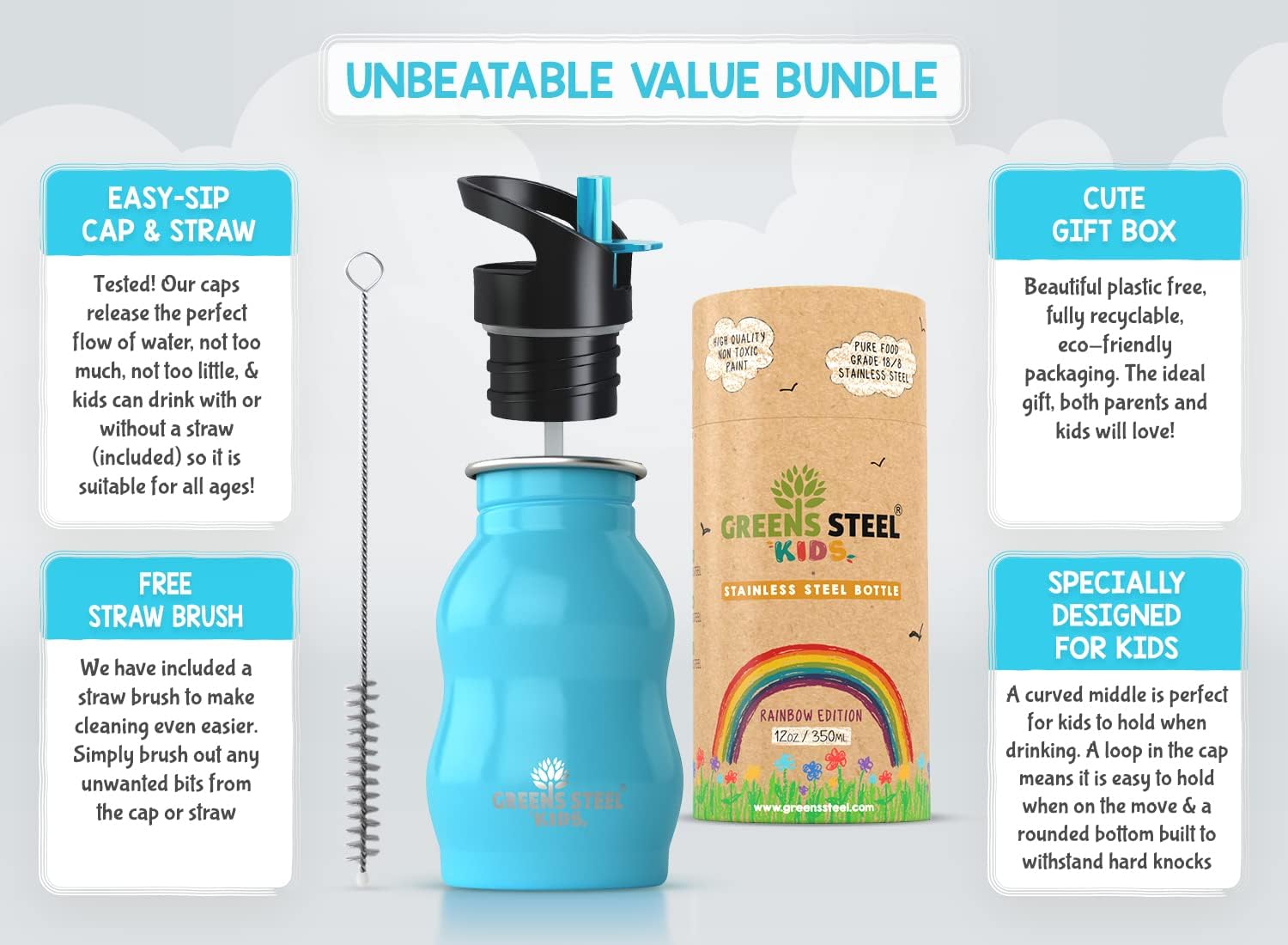 Kids Water Bottle with Straw & Handle, 12 oz Blue - Eco Friendly Toddler Cups with Straws - Easy Sip Metal Water Bottle for Kids - Cute Stainless Steel Water Bottles for Children - Leak Proof Lid - Image 2