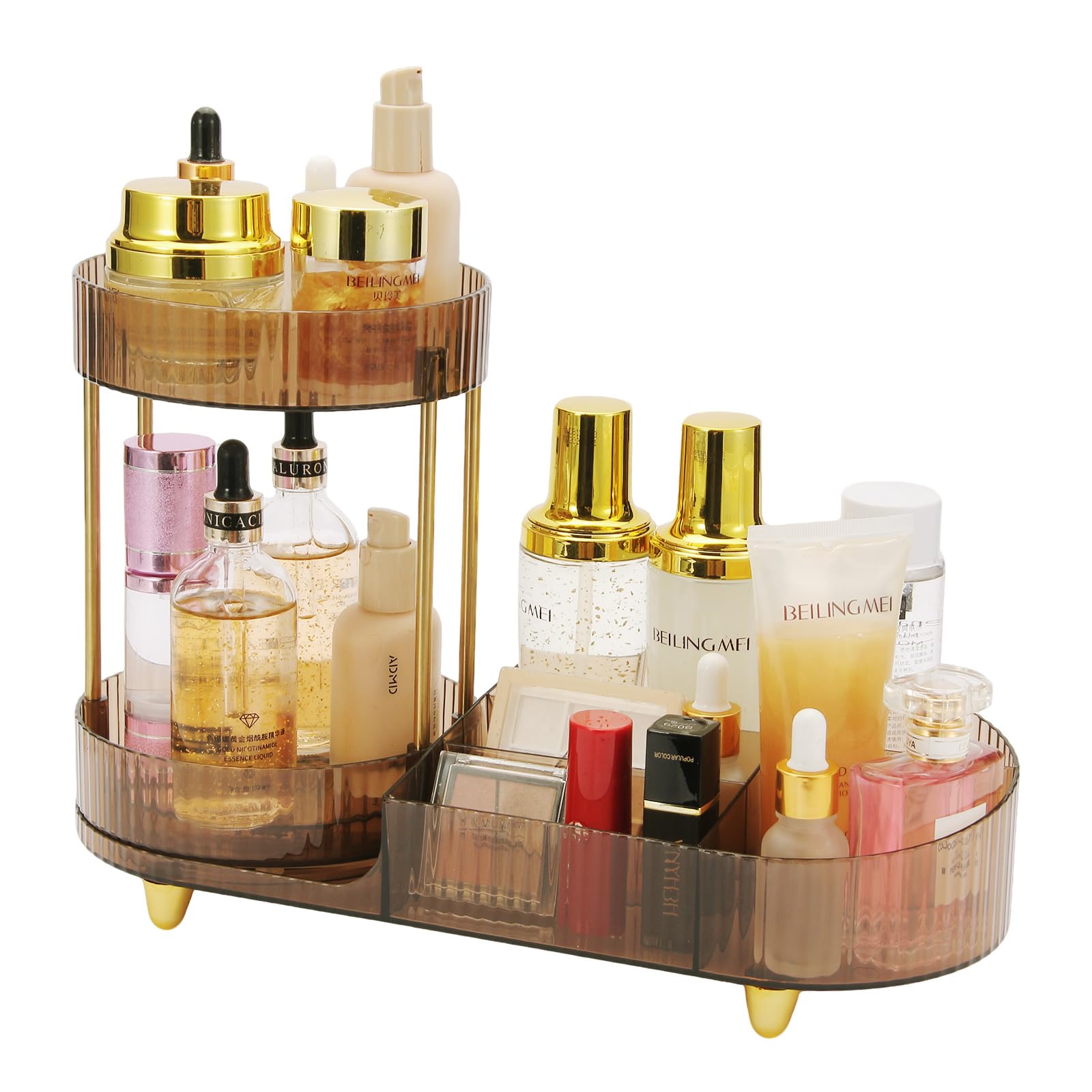 Makeup Organizer Rotating Perfume Tray 5-compartment Cosmetic and Skincare Organizers Makeup Brush Holder for Bathroom Vanity Bedroom Counter Countertop (Brown-Silver Foot Mat)