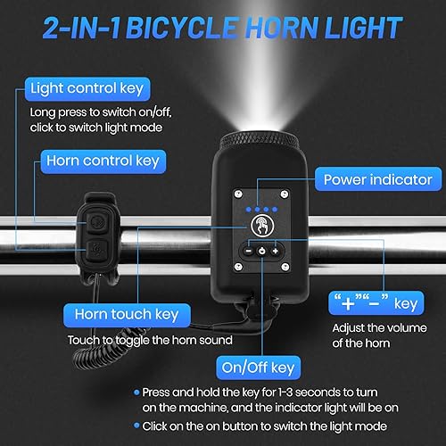 Miniatura 4 de Bocina de bicicleta con luz, 110 dB, bocina eléctrica para bicicleta, 6 sonidos y 4 modos de luz, volumen de brillo ajustable, recargable por USB,