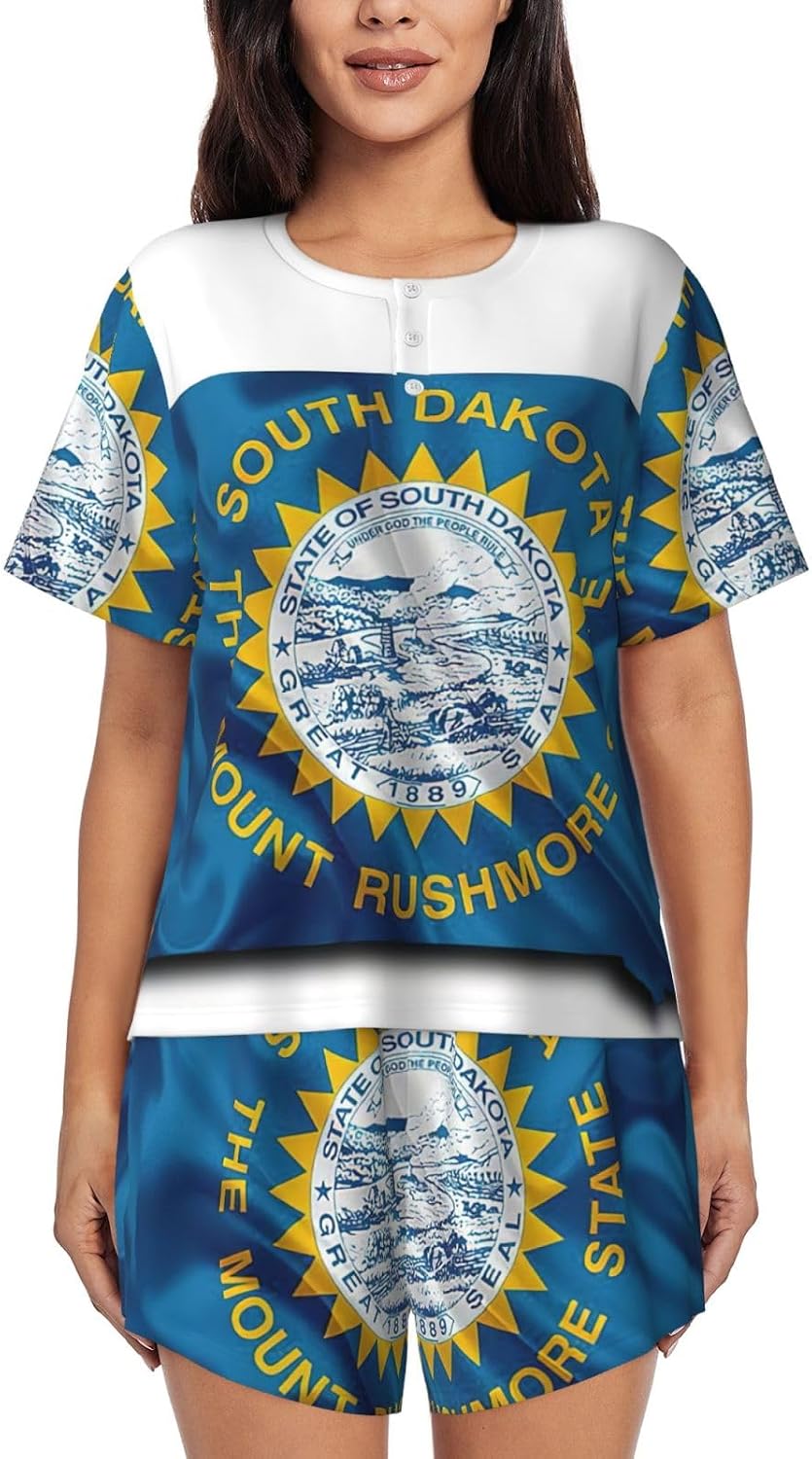 Women'S South Dakota Flag Map Print Pajamas Set,Womens Pj Sets For Summer,Loungewear Sets With Cooling Fabric
