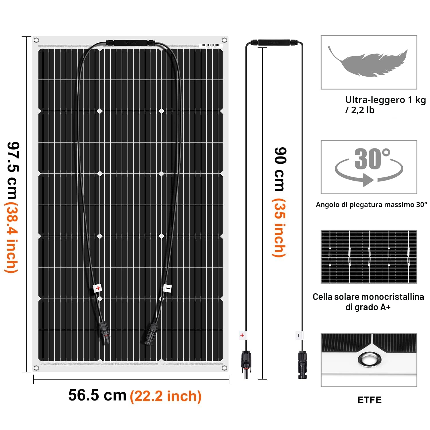 DOKIO 2PC Pannello Solare Flessibile 100W 18V (200W) Monocristallino Fotovoltaico ETFE per Batteria 12V (Camper, Roulotte, Barche, Off-Grid)