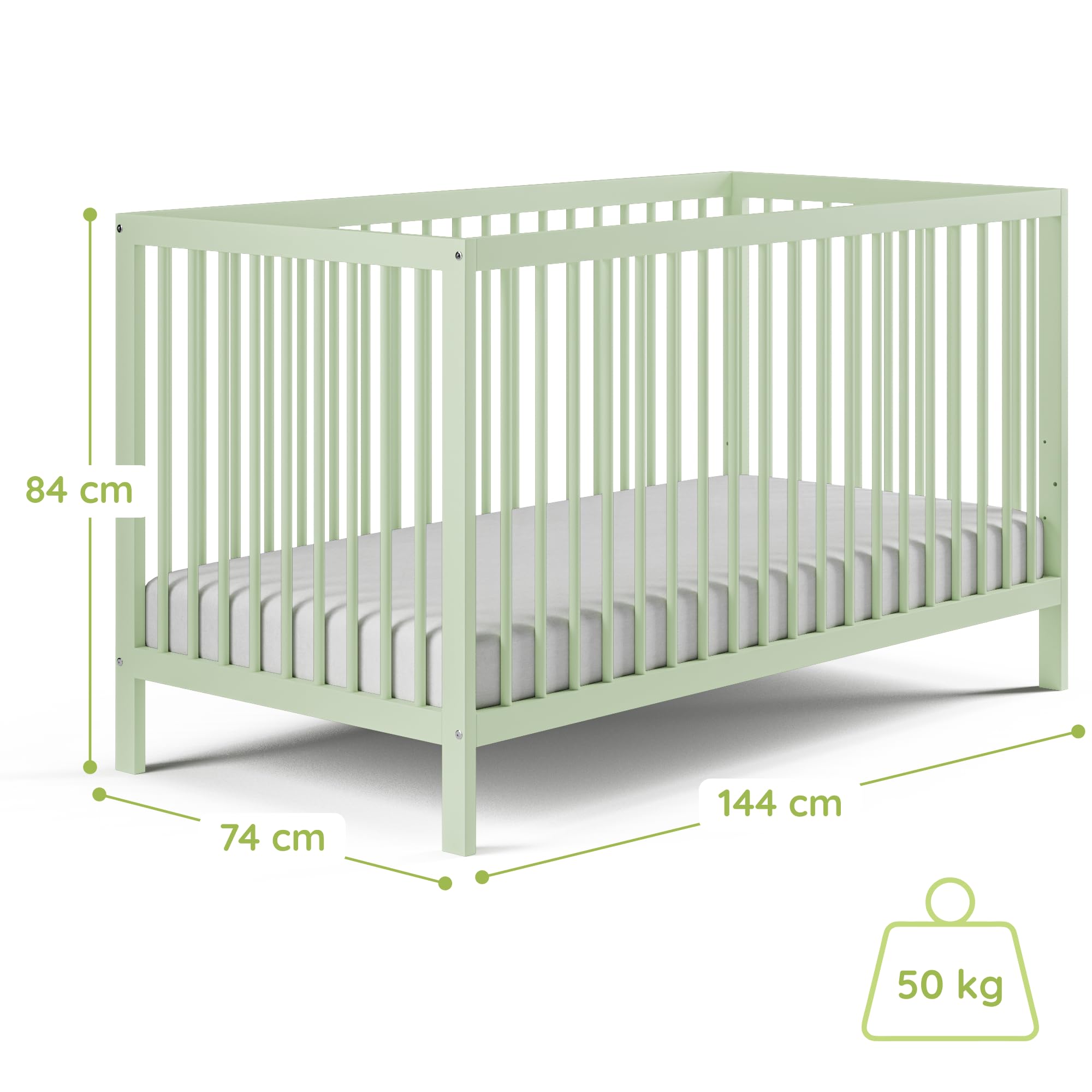 Kids Collective Babybett Kinderbett Gitterbett 60x120 & 70x140 cm höhenverstellbarer Lattenrost & herausnehmbare Sprossen stabiles Buchenholz | ab Geburt bis zum 3. Lebensjahr Made in EU | grün