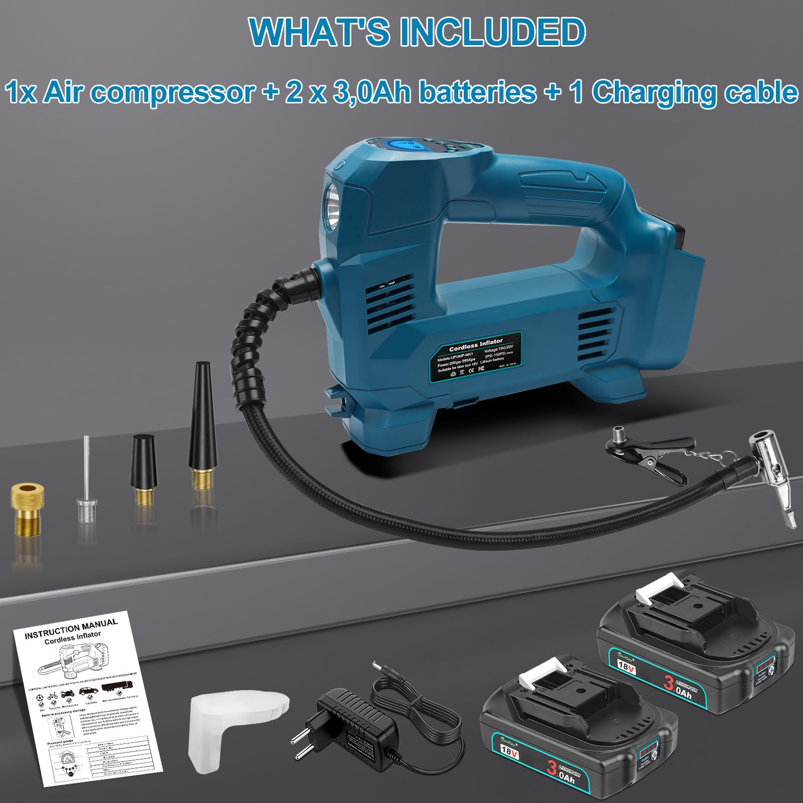 Powarobor Akku-Kompressor Set für Makita 18V Akku,2x 3.0Ah Akkus+Ladegerät