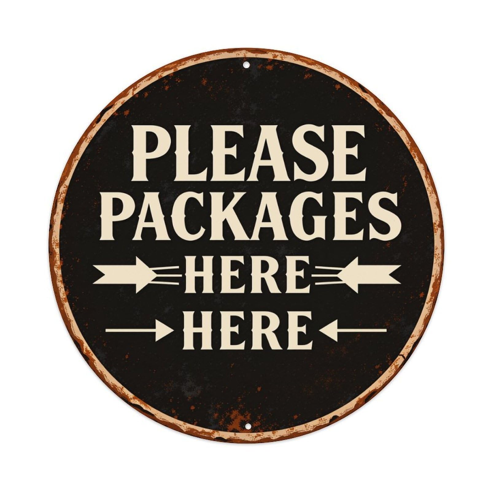 Please Packages Here Here Round Vintage Tin Sign,Retro Wall Art,Metal Poster for Home, Bar, Garage, Cafe, Rustic Indoor & Outdoor Decor, 8x8 Inches