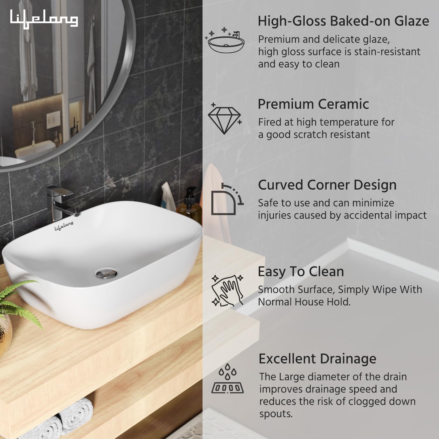 Lifelong Wash Basin for Bathroom - Tabletop Washbasin - Ceramic Glossy Rectangle Countertop Vessel Sink Ideal for Bathroom, Dining Hall & Vanity 33x46x16 cm (White, LLHIPB01) 3