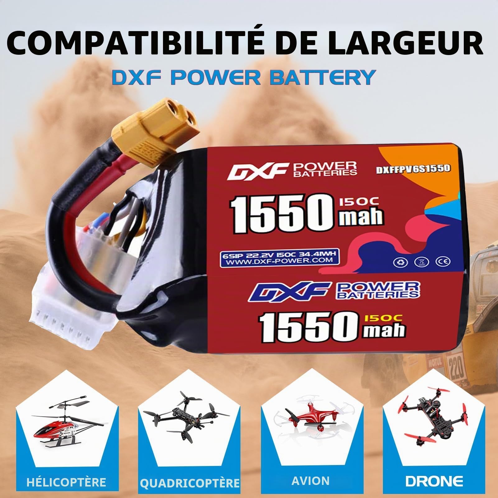 DXF Lot de 2 batteries LiPo XT60 1550 mAh 22,2 V 150 C 6S en graphène de qualité supérieure pour drone de course FPV, quadricoptère, hélicoptère, avion, bateau, voiture, camion