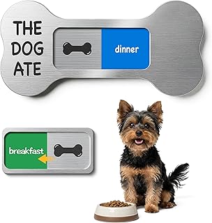 Dog Feeding Reminder Supplies with Magnet, Bone-Shaped Design Brushed Silver, Acrylic Pet Nursing Schedule for Breakfast & Dinner, Feed Slider with Bone Pattern, 2 Stickers 5.5 x 2.6inch