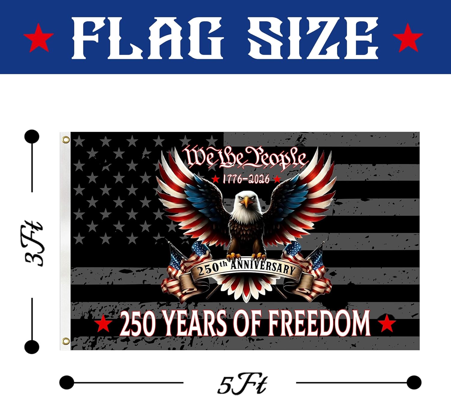 Double-sided We The People 250 Years Flag, 3x5 Feet Outdoor Flag with 2 Brass Grommets, for Garden Patriotic Balcony Decor