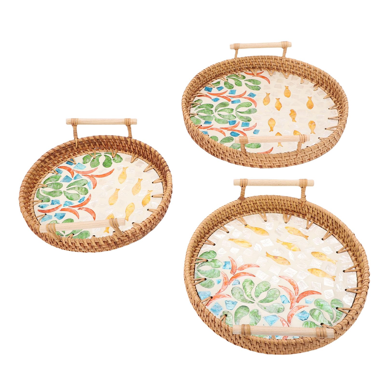 Domary Multi Purpose Rattan Tray Round 3 Pcs Woven Serving Baskets with