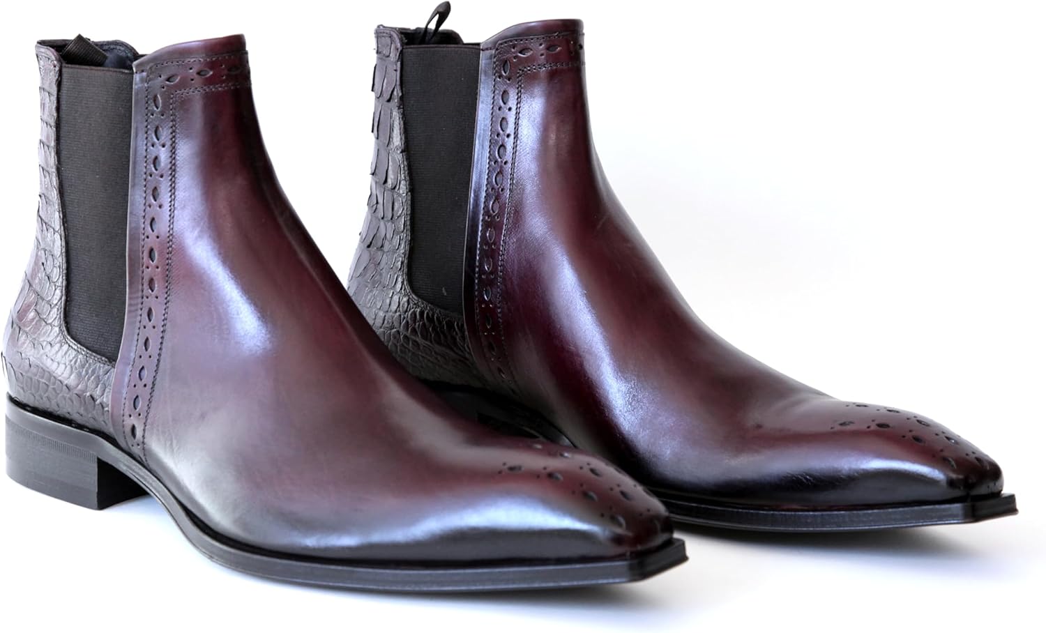 Jo Ghost 4985 Italian Bordo Leather W/Croc Print Slip-On Ankle Boots