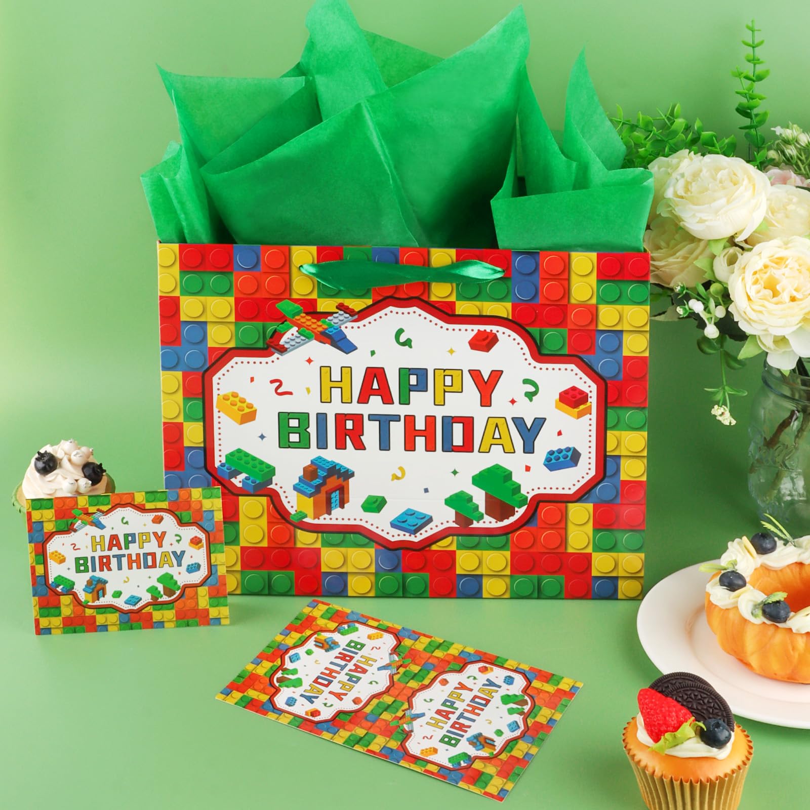 Abilat Building Blocks Birthday Gift Bag with Tissue Paper and Greeting Card Large Happy Birthday Gift Wrapping Bag for Kids Boys Girls Bricks Theme Party Decorations Supplies