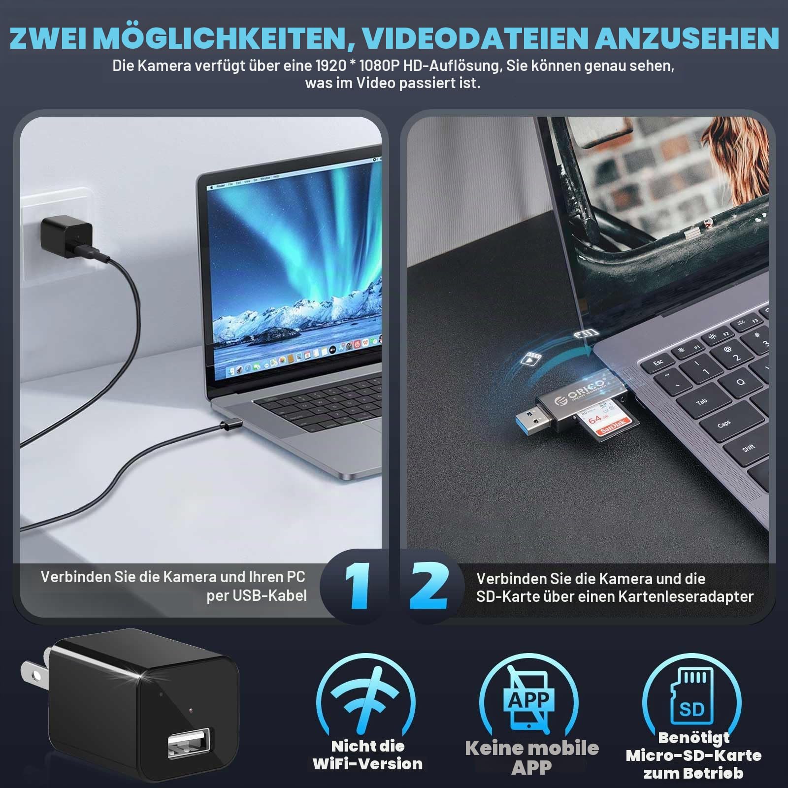 Überwachungskamera HD 1080P Sicherheitskamera Mini Kamera mit USB | Kleine Nanny-Kamera mit Bewegungserkennung, Aufnahmeschleife Videorecorder für Innen/Home/Büro Sicherheit, Ohne WLAN