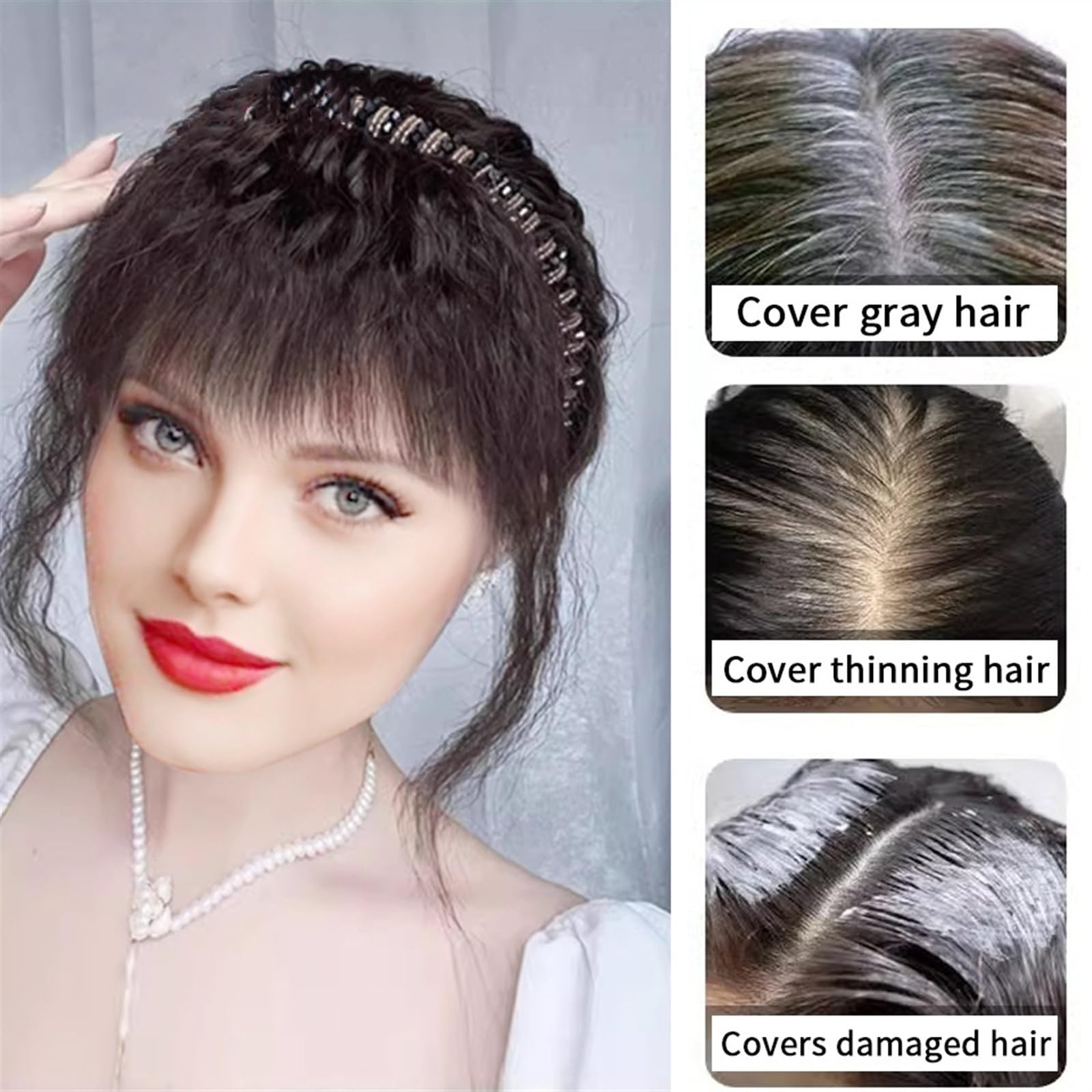 Haartopper für Frauen Kunsthaar-Topper mit Strassband, 25,4 cm, kurze, lockige Haarteile mit Pony, künstliche Haarverlängerungen, Clip-in-Wellen, lockige Haarteile for dünner werdendes Haar Haarteil T