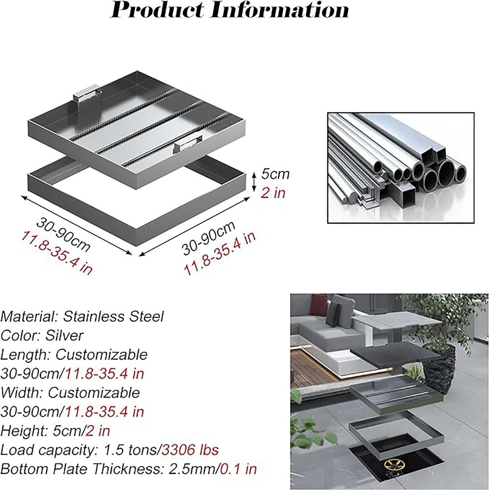 Coperchio di ispezione in Metallo Resistente, Coperchio per pozzetto Incassato con Base, Coperchio Quadrato per fognatura per Interni ed Esterni, Ideale per scuole, Hotel e fabbriche.