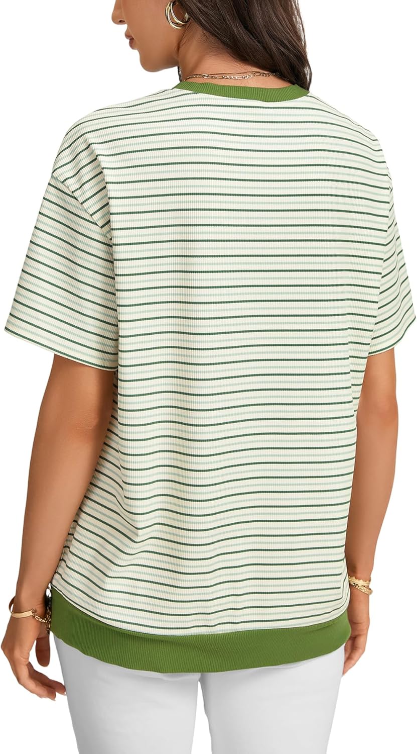 Vrtige Women's Striped Crew Neck Loose Short Sleeve Casual Fashion T Shirts - Image 5