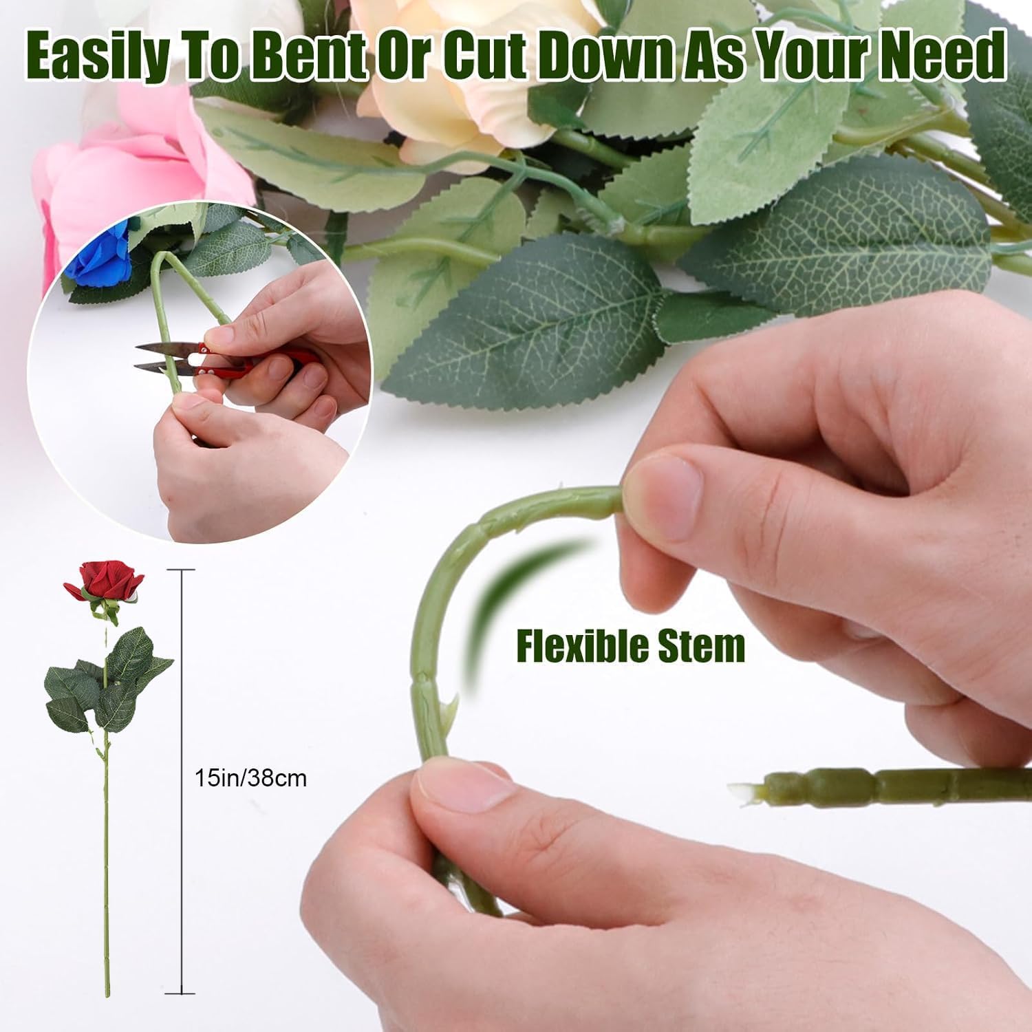 Artificial Flower Roses, 12PCS Real Touch Fake Flowers with Stems, 15" Flannel Roses for Christmas Home Wedding Bathroom Kitchen Decorations(Mix Color) - Image 6