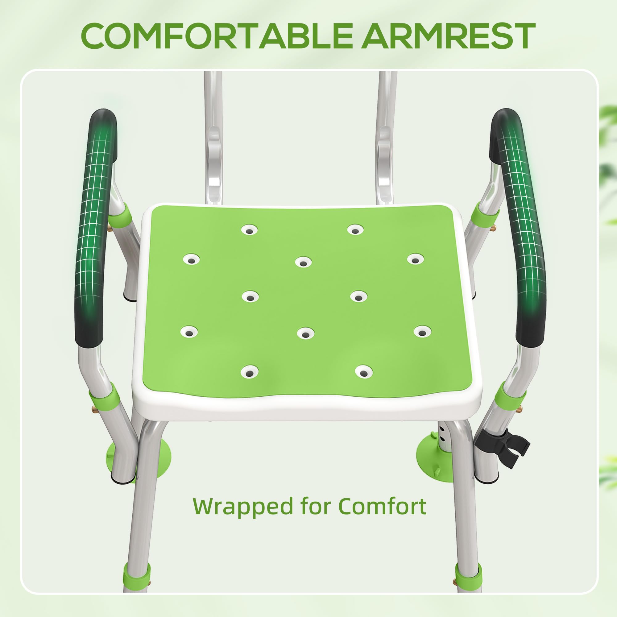HOMCOM Silla ducha acolchada EVA para ancianos y discapacitados verde | Taburete de ducha ajustable en altura con respaldo y brazos, 4 patas de ventosa