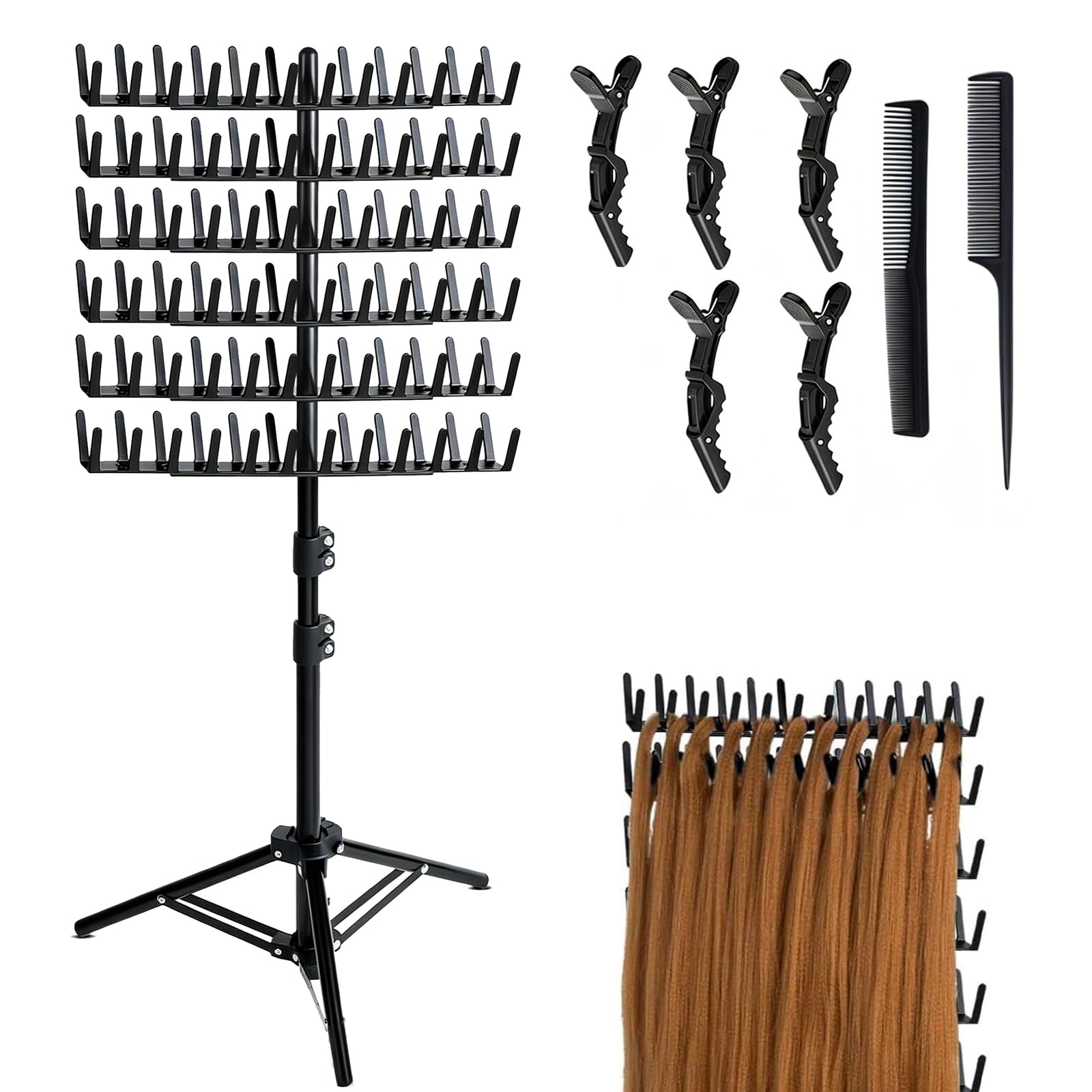 Braiding Hair Rack Support pour extensions de cheveux réglable en hauteur et pliable, 144 stylos, avec pinces à cheveux + peignes, support de perruque, pour coiffeurs et tresses, noir