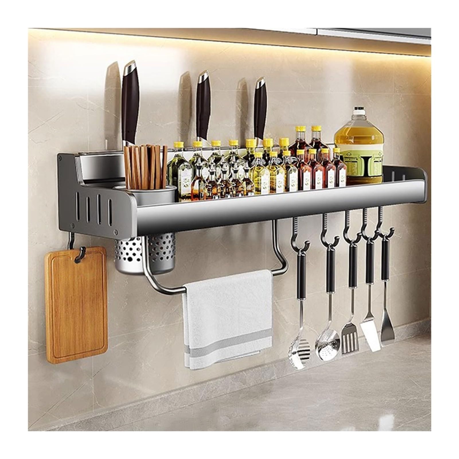 GLJTUO Wall-Mounted Spice Rack, No Drill, Adjustable Hooks, Kitchen Utensil Holder & Knife Storage for an nized Cooking Space - Perfect for Home Chefs! (50cm),50cm-1 cup-8 hooks