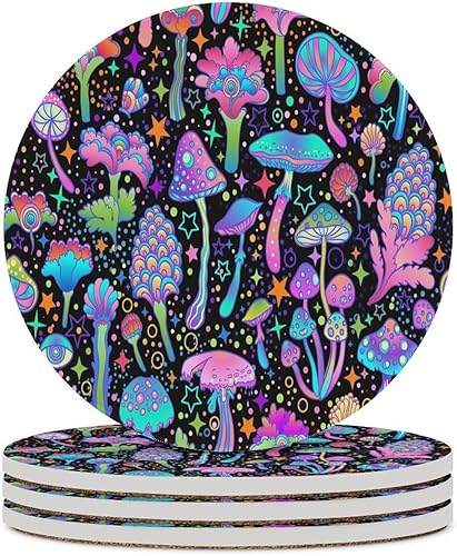 Miniatura 35 de Posavasos botánicos, posavasos redondos de cerámica redondos, 4 unidades, diseño de plantas vintage, diseño botánico de dibujos animados, hongos