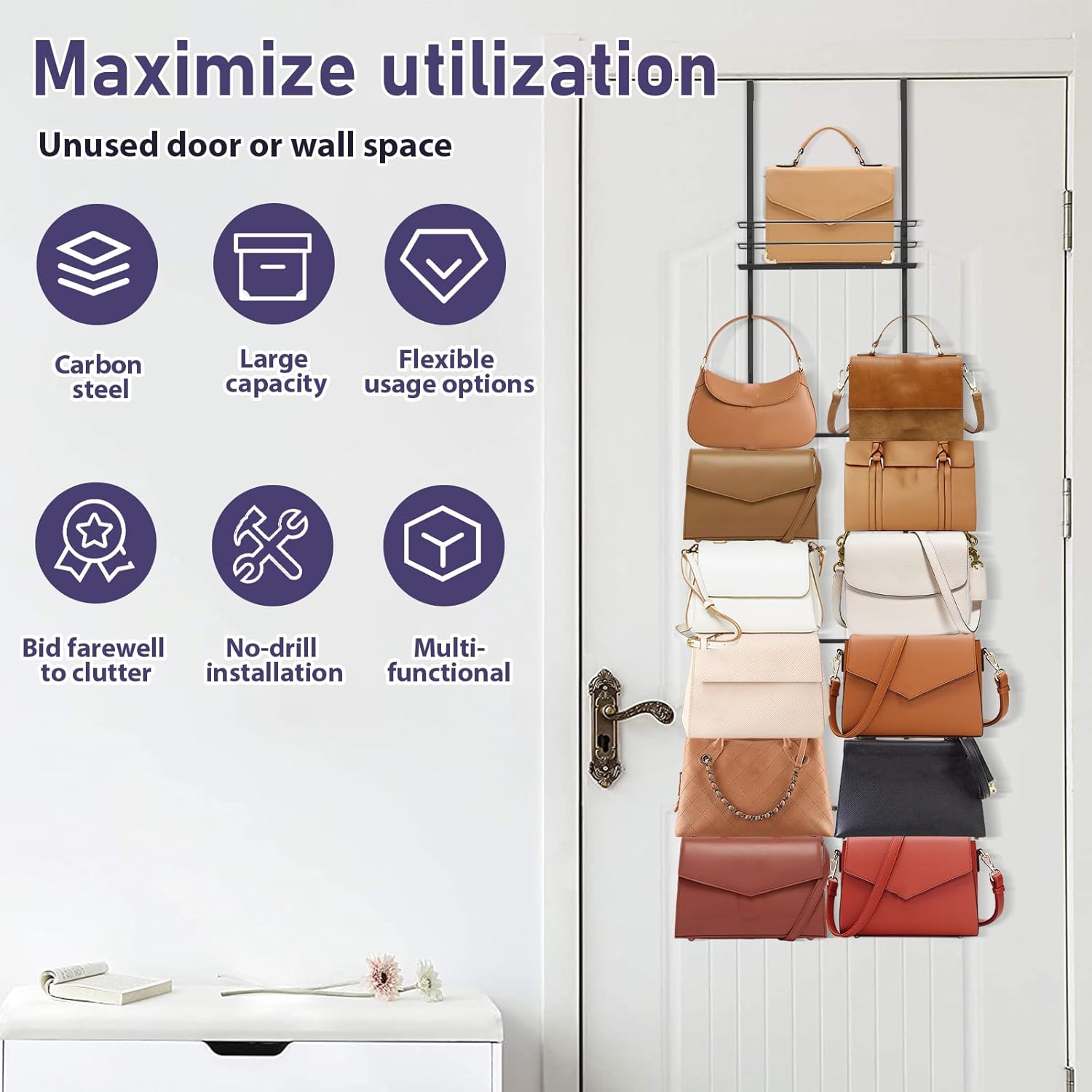 Over The Door Purse Organizer for Closet, Wall Mounted Hat Organizer with 16 Hook and Metal Basket Can Use As 1/2 Part for Door(White)