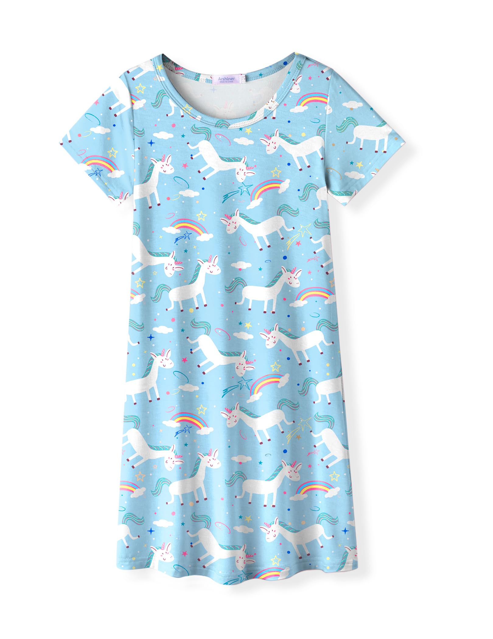 Arshiner Schlafanzug Kinder Mädchen Nachthemd Kurzarm Nachtkleid Blau Einhorn Schlafkleid Rundhals Schlafkleidung 120/5-6 Jahre
