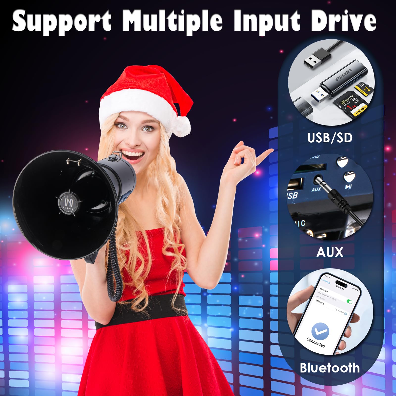 Megáfono megáfono recargable de 50 W, altavoz compatible con Bluetooth, USB, SD, entrada AUX, sirena y grabación integradas, tamaño delgado para policía, exteriores y animadoras (negro)