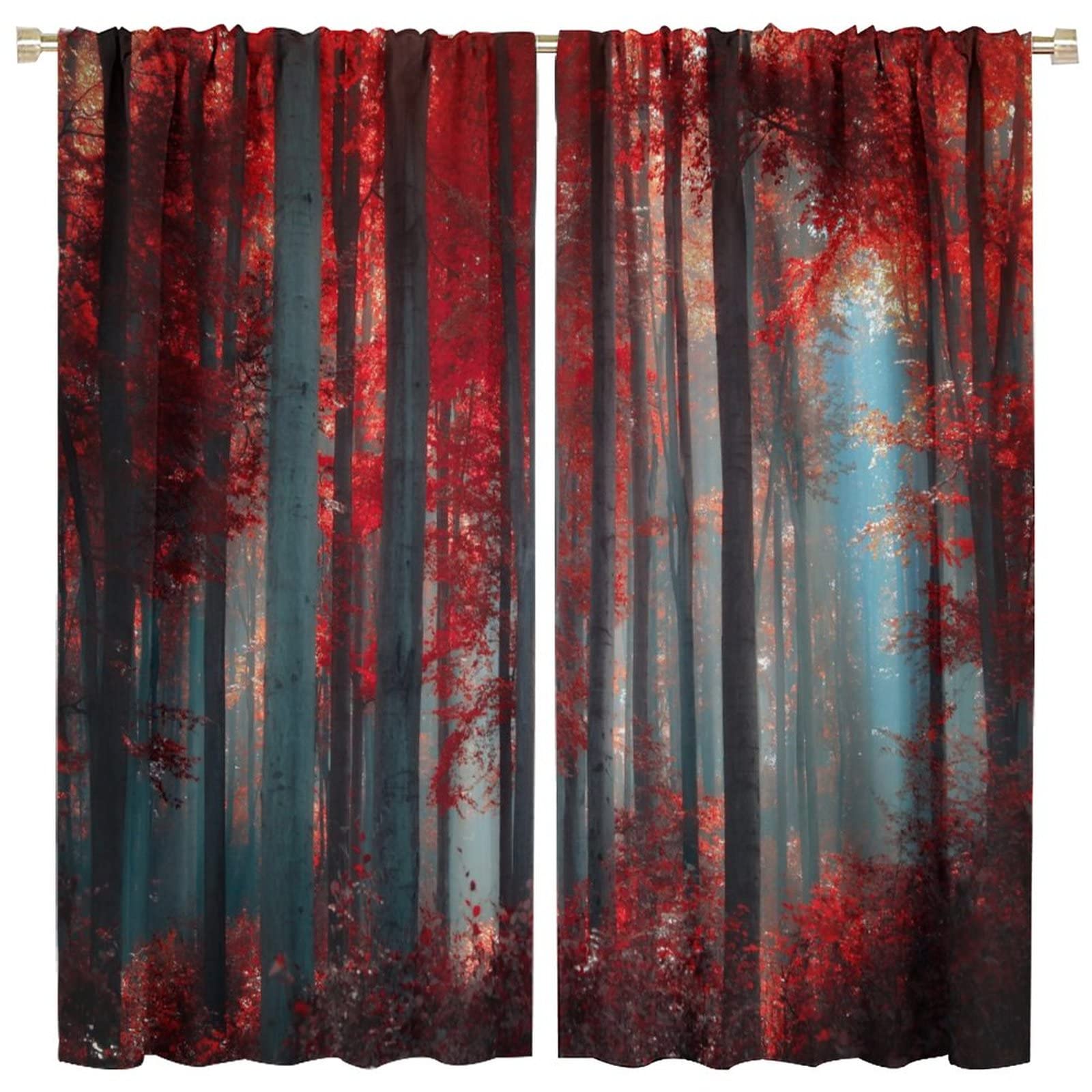 JESTRONRY Red Forest Window Curtains,Mystic Foggy Trees Natural Landscape Print Pattern Blackout Window Rod Pocket Curtains for Bedroom Living Room Kitchen Home Decor,2 Panels W42xL45in