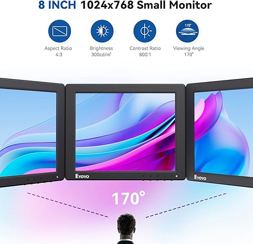 Miniatura 2 de Eyoyo Monitor pequeño de 8 pulgadas, pantalla de cámara de seguridad mini IPS de 1024x768 4:3 con soporte de entrada HDMI VGA AV BNC y control