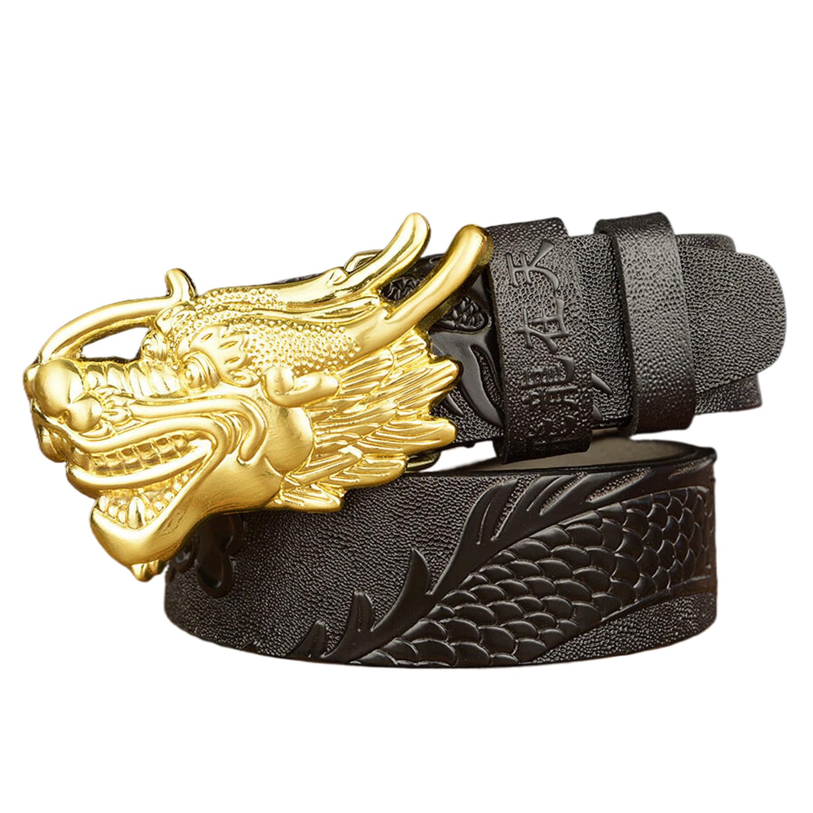 BDAYEK Men's Belt Men'S Belt Cowhide With Dragon Head Smooth Buckle Red 125Cm 49.2'' Fashion Western Style(Black,130Cm/51.2'')