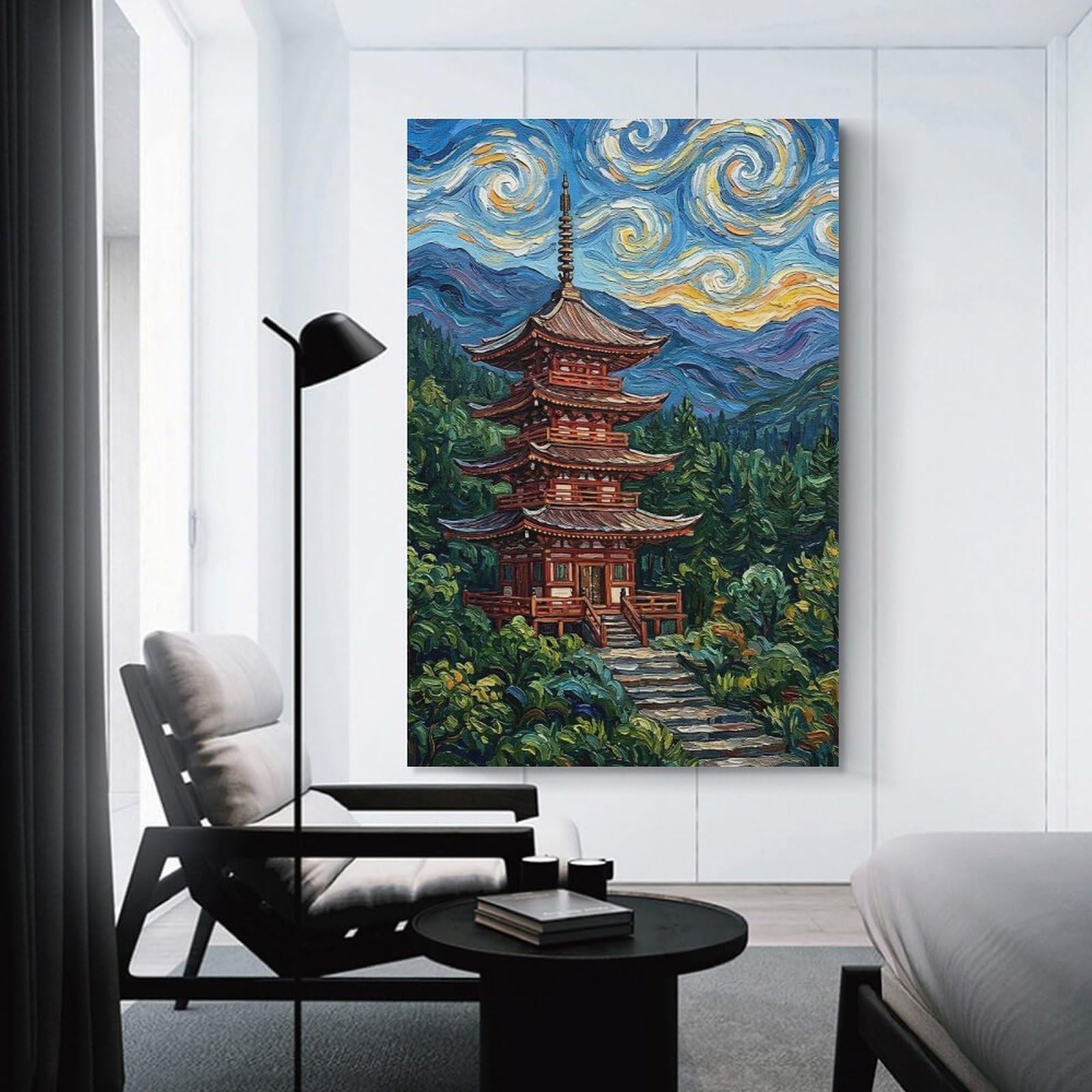 Junmoney Japanese Pagoda in Van Gogh Style Wall Decor Canvas Print, 24x36inch(60x90cm), for Bedroom, Lounge Or Dressing Area, Decorative Wall Art for Cosy Rooms