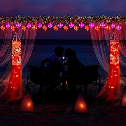 Miniatura 7 de Ohwewant 50 luces LED rojas y rosas de San Valentín temporizador 8 modos cadena de luces de corazón de San Valentín funciona con pilas luces de