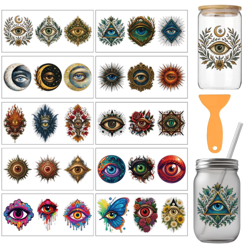arricraft 10 Pcs Weird Eyes Theme PVC Cup Transfer Stickers, Moon Flower Trees Wings Eye Pattern UV Waterproof Cup Sticker for 16 oz Glasses Window Home Printing Decoration 24x11cm — image 1
