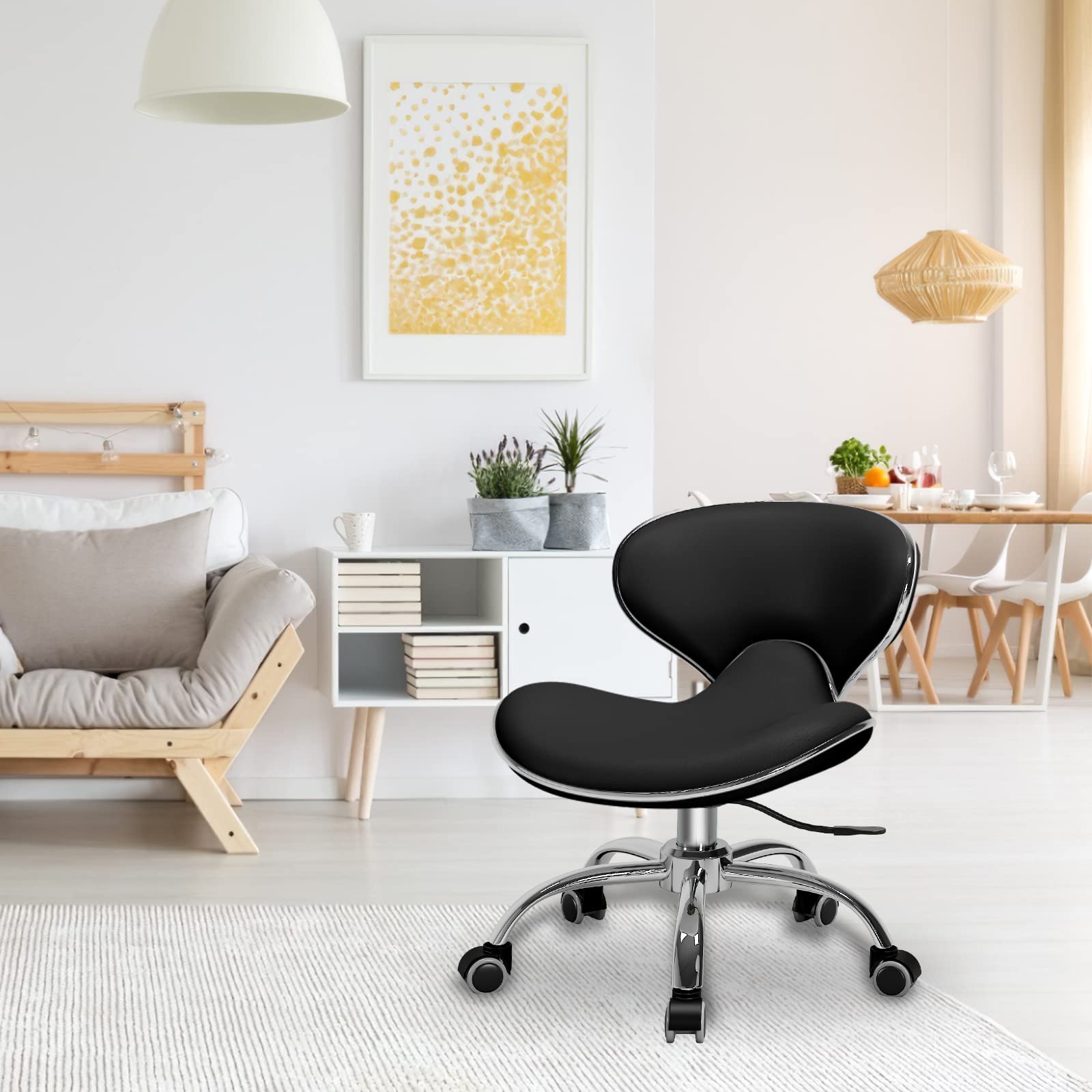 Minewill Pedicure Chairs for Nail Technician Set of 2-Heavy Duty Hydraulic Rolling Metal Stool for Kitchen,Salon,Bar,Office,Massage (with Back Rest)(Black) (1)