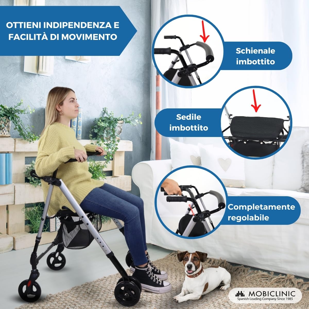 Mobiclinic®, Deambulatore per adulti, Pieghevole, Leggero, Sedile e cestino xxl, Supporto bastoni, Altezza regolabile, In alluminio, Freni a pressione, Dehesa, Ruote piene, Grigio perlato