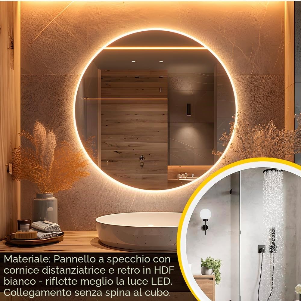 BD ART - Specchio da bagno a LED rotondo, luna, 60 cm, da parete, con illuminazione, colore bianco freddo, 4200 K, IP44