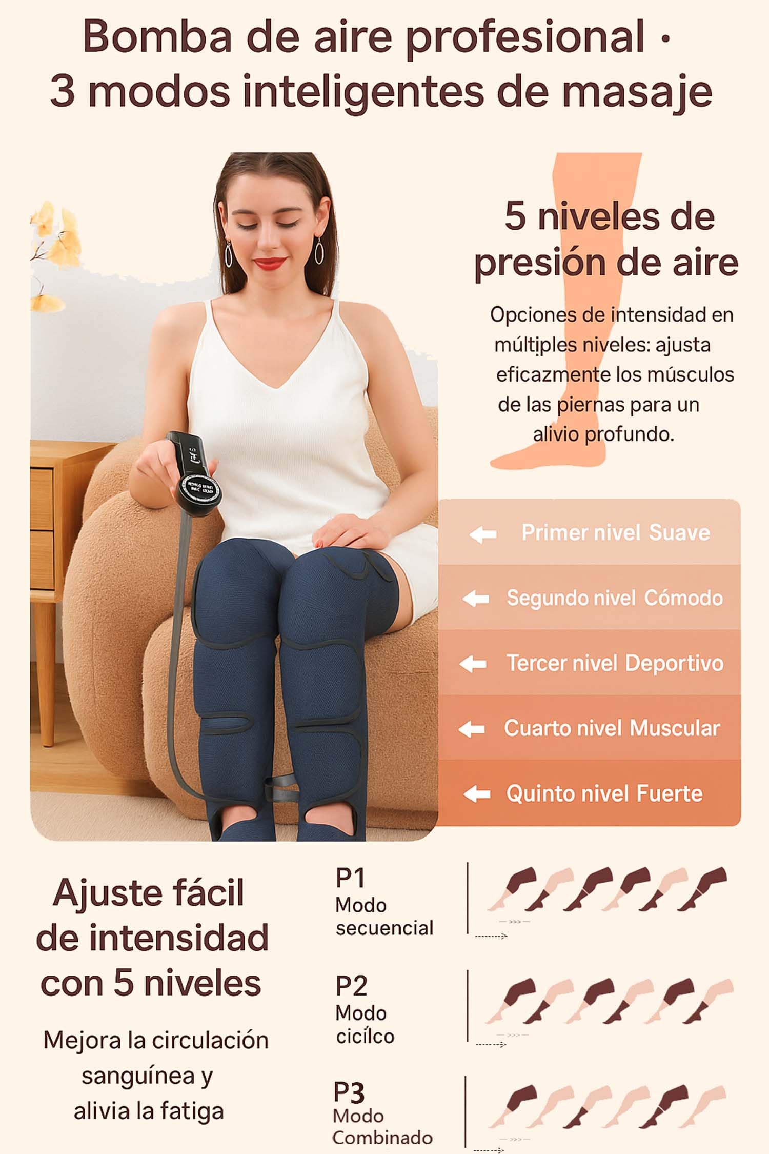Masajeador de Piernas con Compresión de Aire, Calor y 3 Modos Inteligentes, 5 Niveles, Presoterapia Presión de Aire para Relajación Muscular, Alivio de Fatiga y Mejora de la Circulación