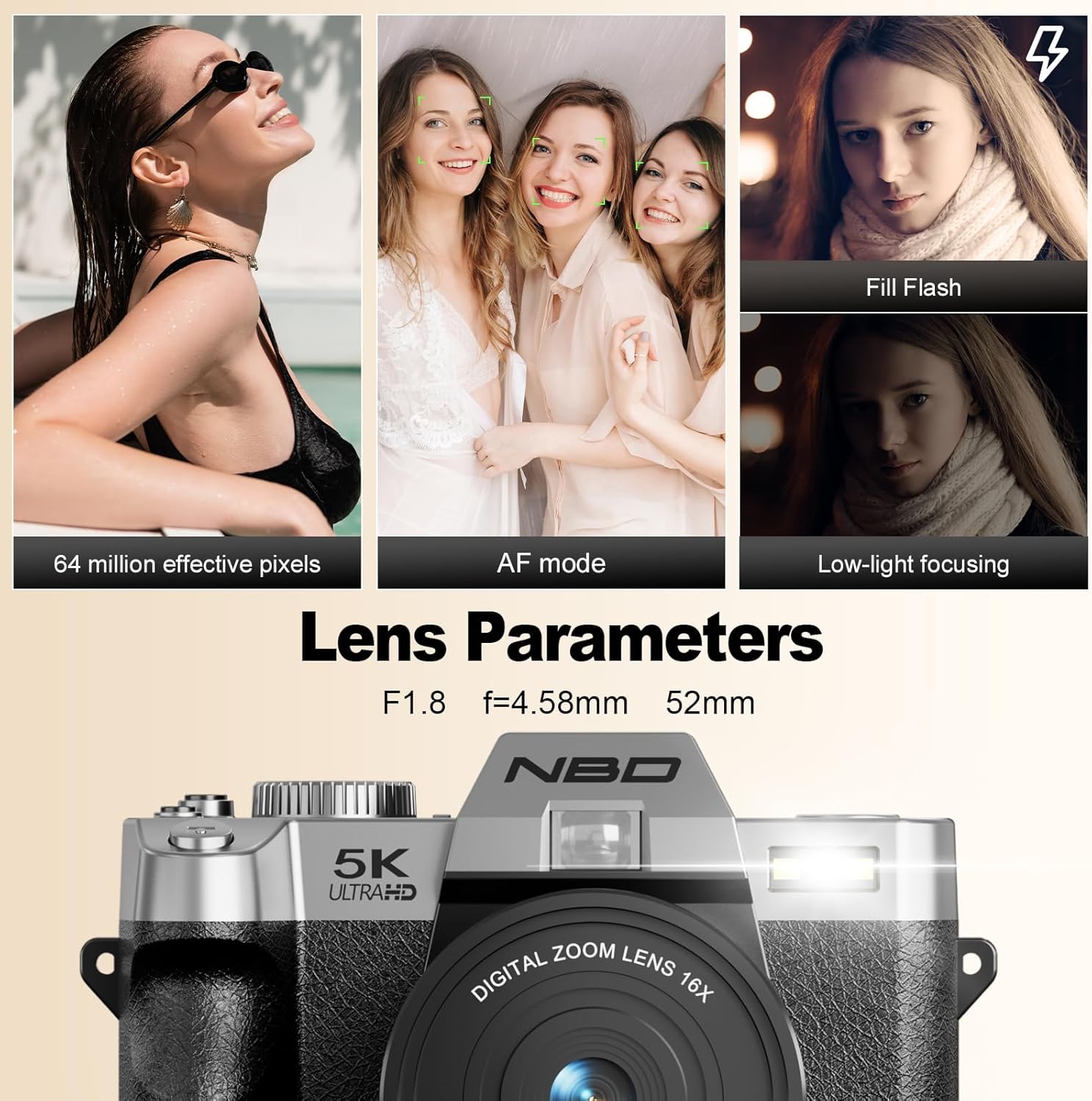 NBD 5K Digital Camera displaying Wi-Fi hotspot information on its screen, with a smartphone showing the camera's live view.