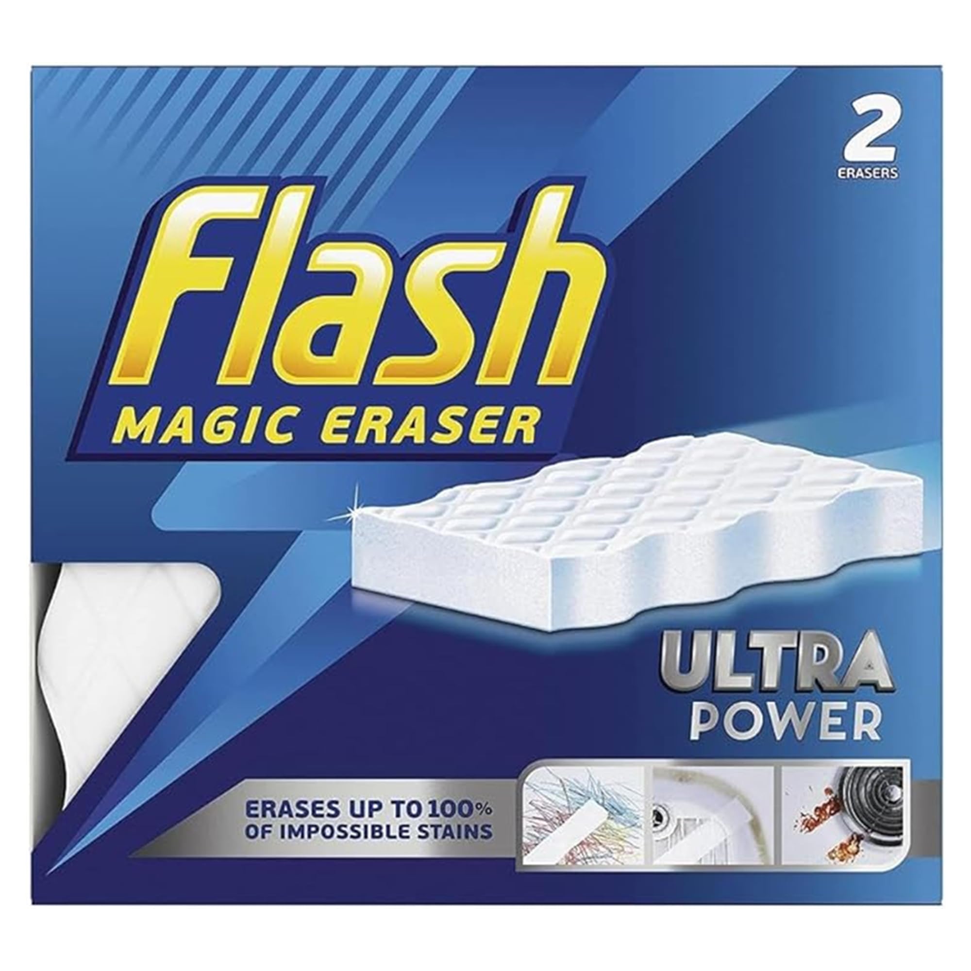 Zinniauk White 2Pcs Flash Magic Eraser Ultra Power Cleaning Sponges, No Chemicals Needed, Removes Tough Marks, Scuffs, Crayon, Grease & Grime From Walls, Tiles, Floors, Sinks, Kitchen & Bathroom Surfaces (Pack Of 1)