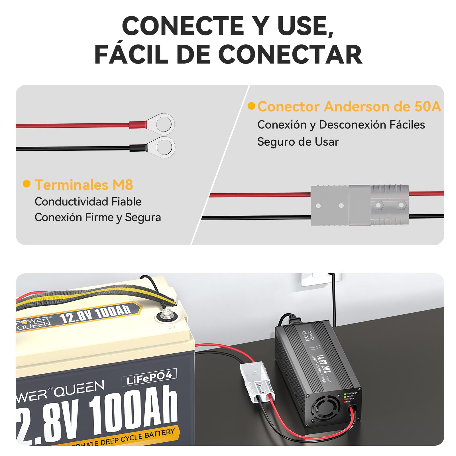 POWER QUEEN Cargador LiFePO4 14.6V 20A para Baterías de Litio | Carga Automática de 20A para LiFePO4 de 12V,con Conector Anderson de 50A e Indicador LED para Ver el Estado de Carga