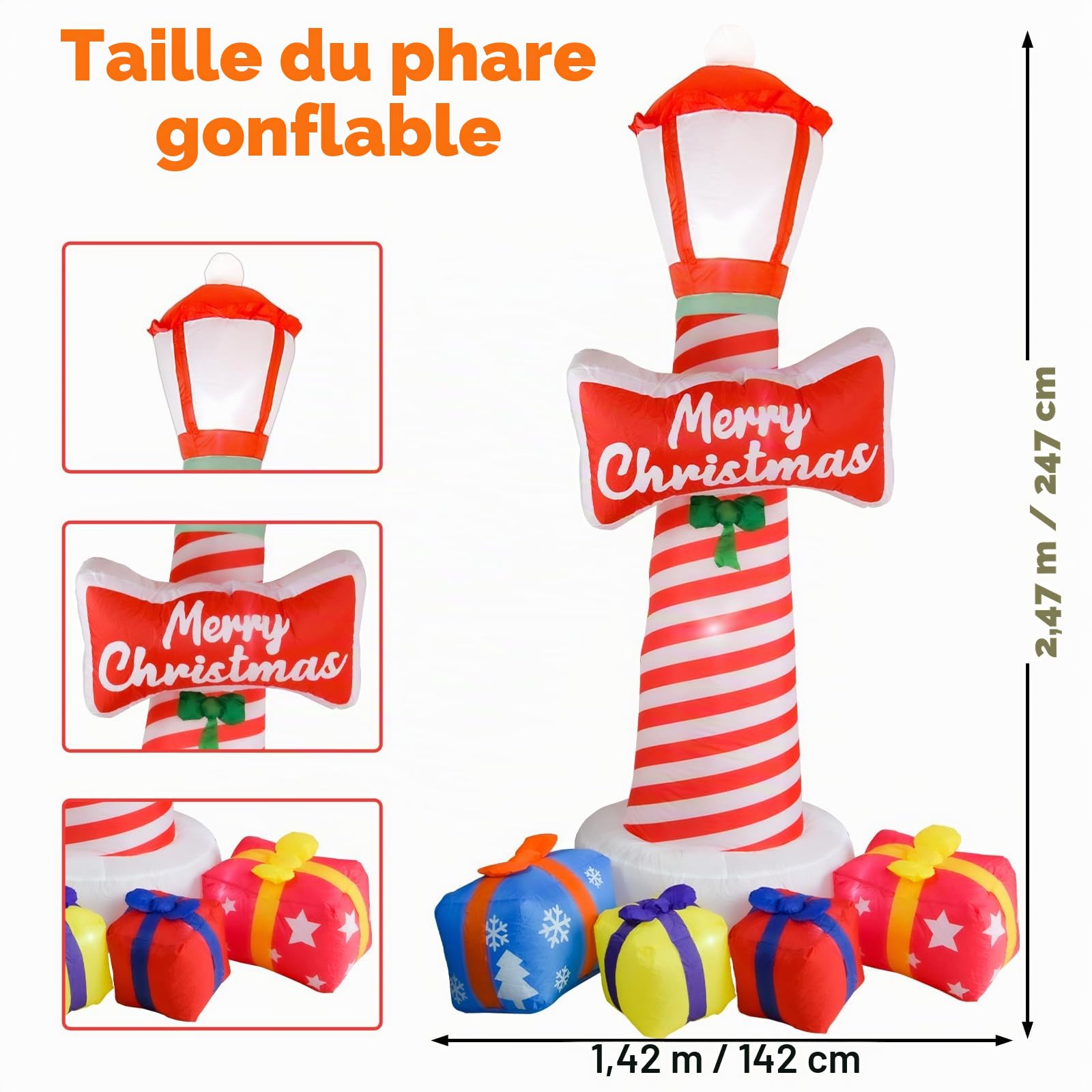 Phare de Noël gonflable de 8,1 pieds avec boîtes cadeaux, décorations de cour de Noël gonflables, avec lumières LED pour décoration de pelouse de vacances