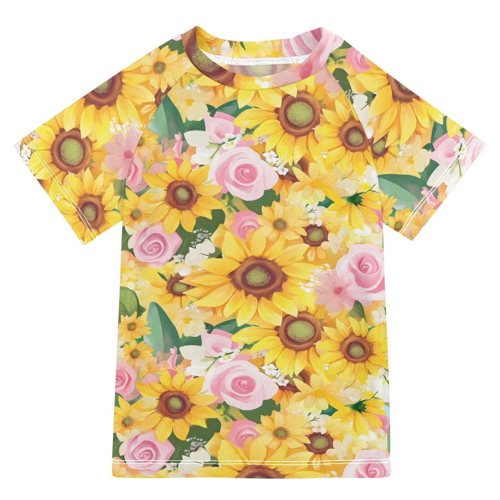 ALAZA Boys Swim Shirt Short Sleeve Rash Guard for Boys Girls UPF 50+ Sunflower Rose Print 9-10T