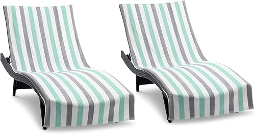 Miniatura 8 de Arkwright Cabo Chaise Lounge Cover - Paquete de 2 toallas de algodón suave a rayas con soporte de bolsillo para silla de playa, piscina al aire