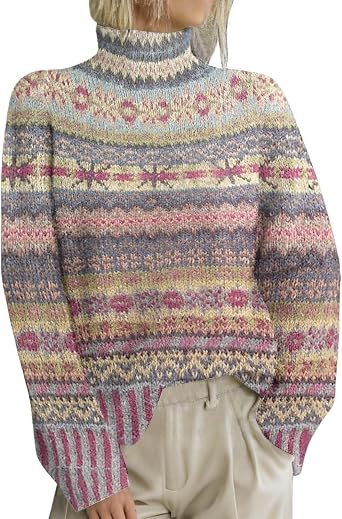 Turtleneck Fair Isle Sweater for Women, Mock Neck Sweater, Patterned Fall Winter Casual 2025 Knitted Pullover Sweaters Top Print Retro Vintage Cozy Warm Jumper Light Pink Medium