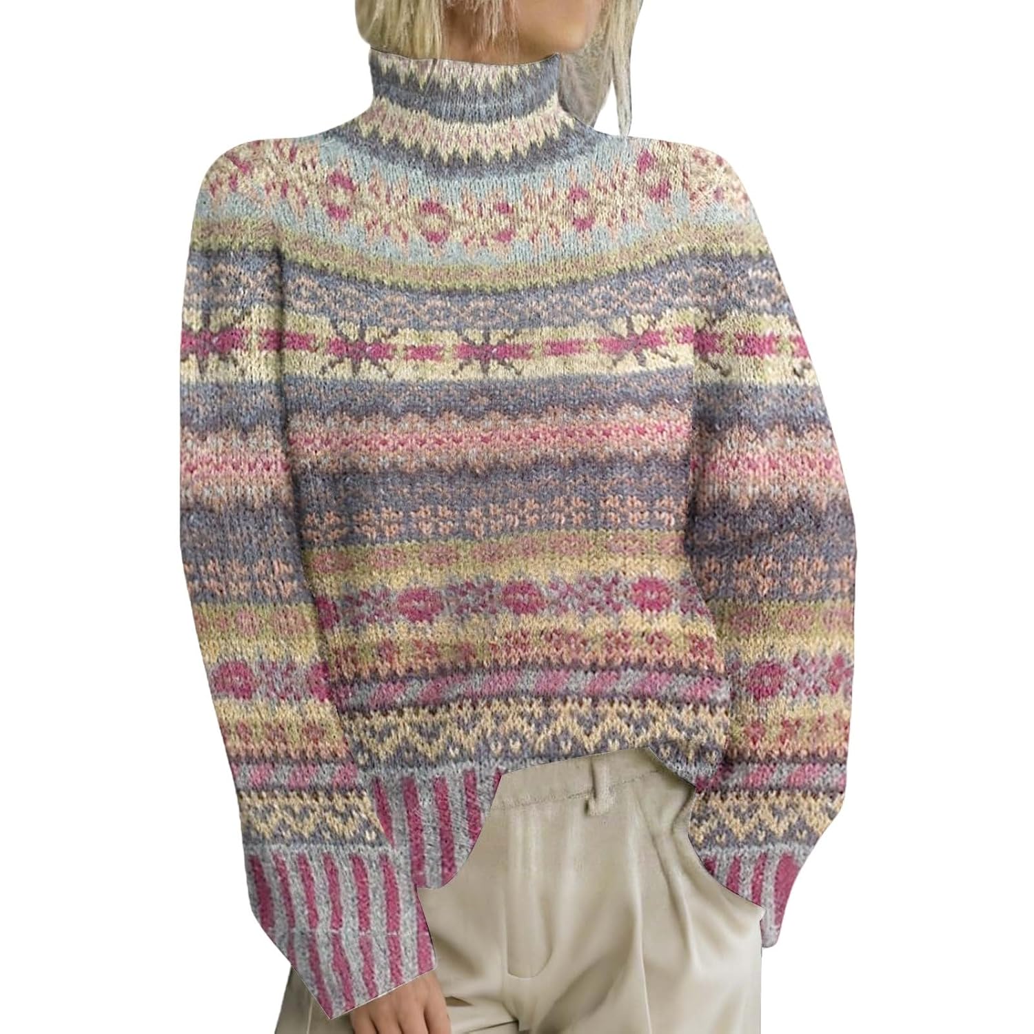 Fair Isle Sweaters for Women Turtleneck Knitted Colorful Retro Printed Sweater Winter Warm Oversized Pullover Tops